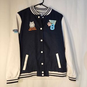 Vintage Style High School Varsity Letterman Jacket Navy Blue White Stripes Sport